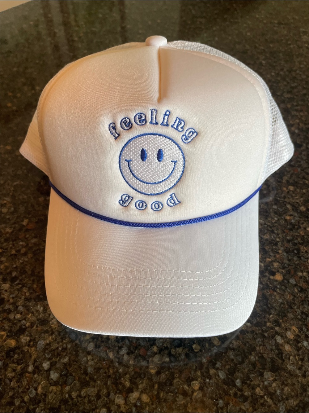 Feeling Good Baseball Cap Trucker style Rope White w Royal Blue